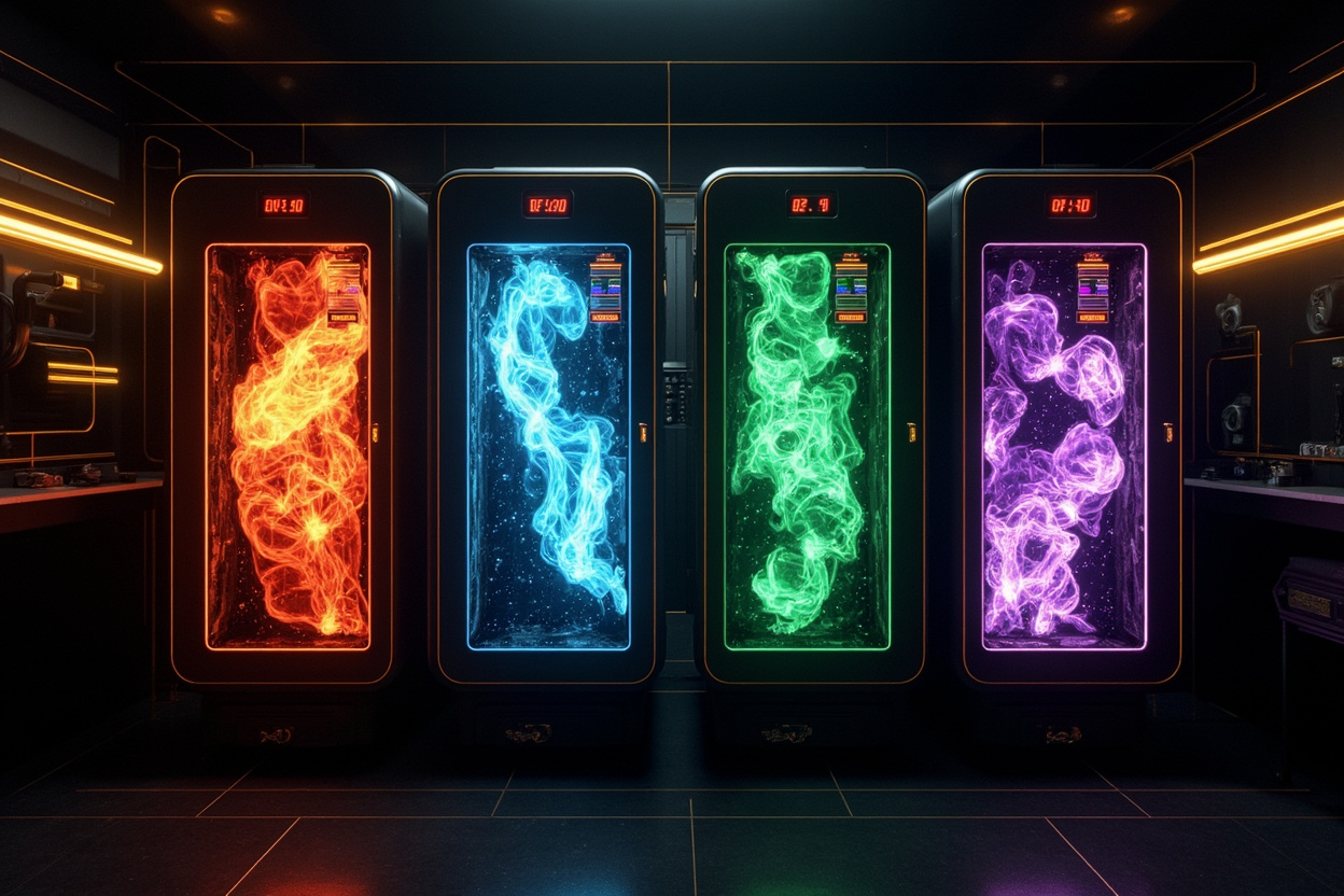 Four preservation chambers with glowing elemental energy levels