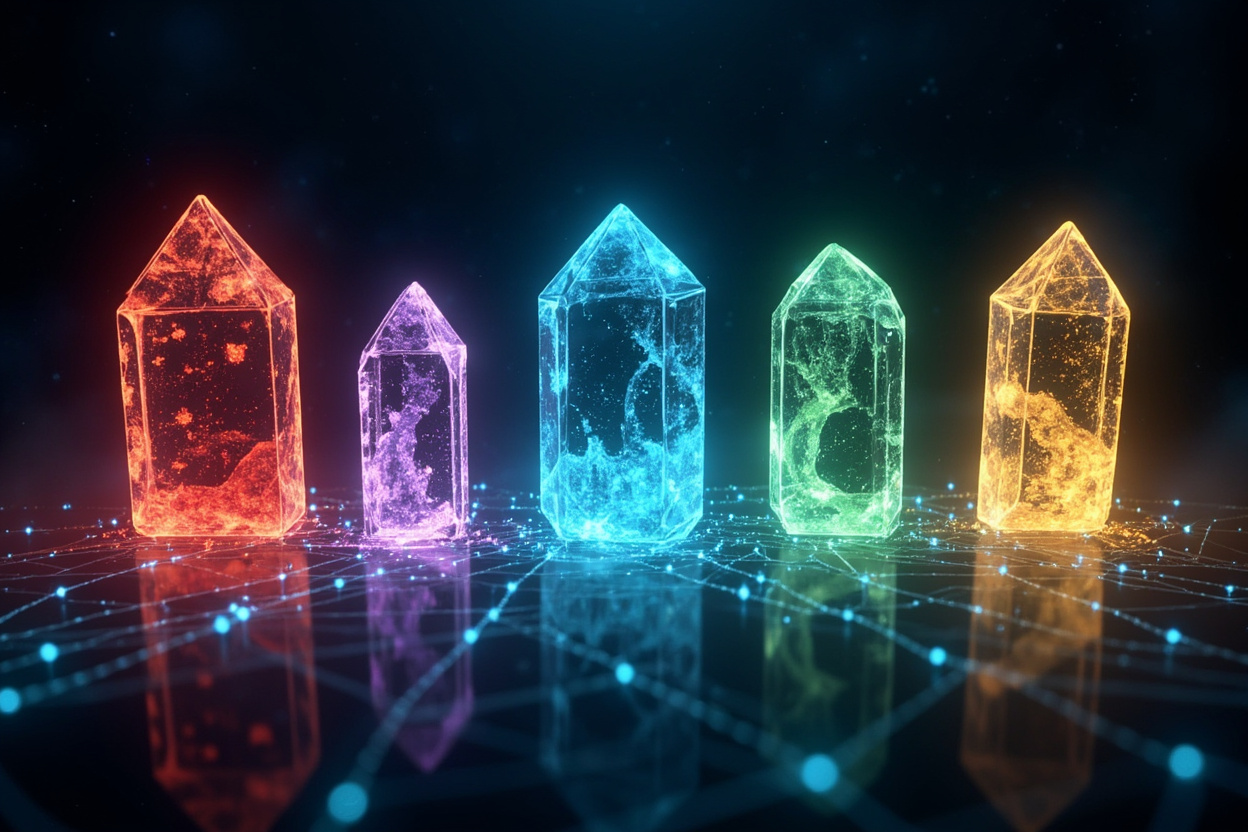 Five elemental workstation crystals connected by energy lines