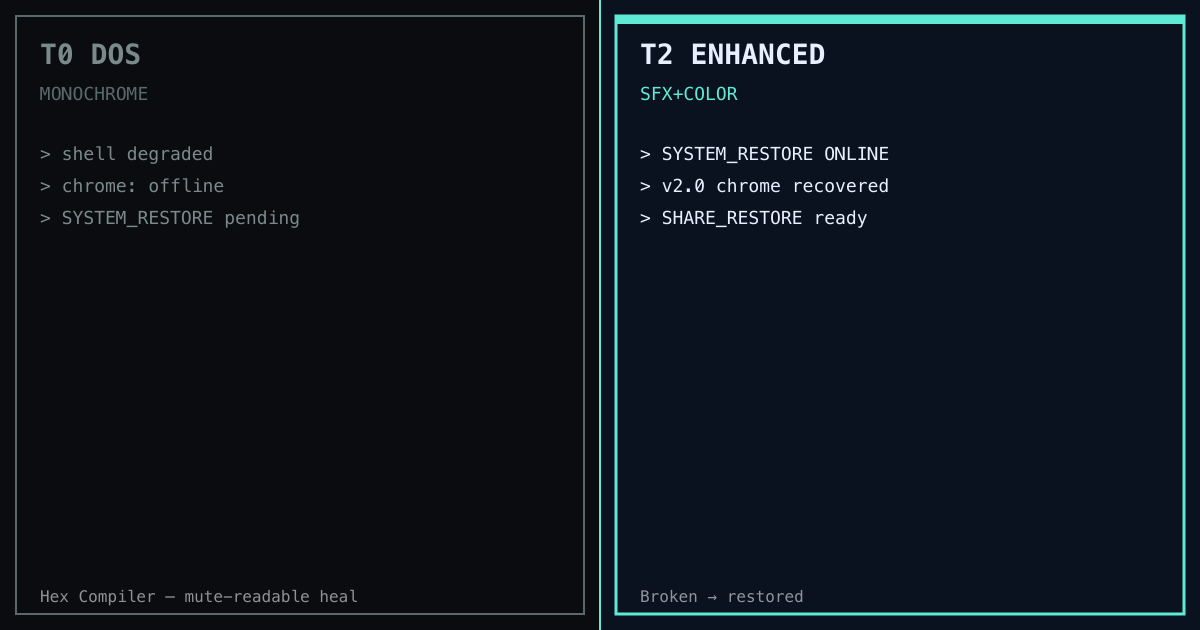 Hex Compiler heal still: Tier 0 broken chrome left, SYSTEM_RESTORE restored right